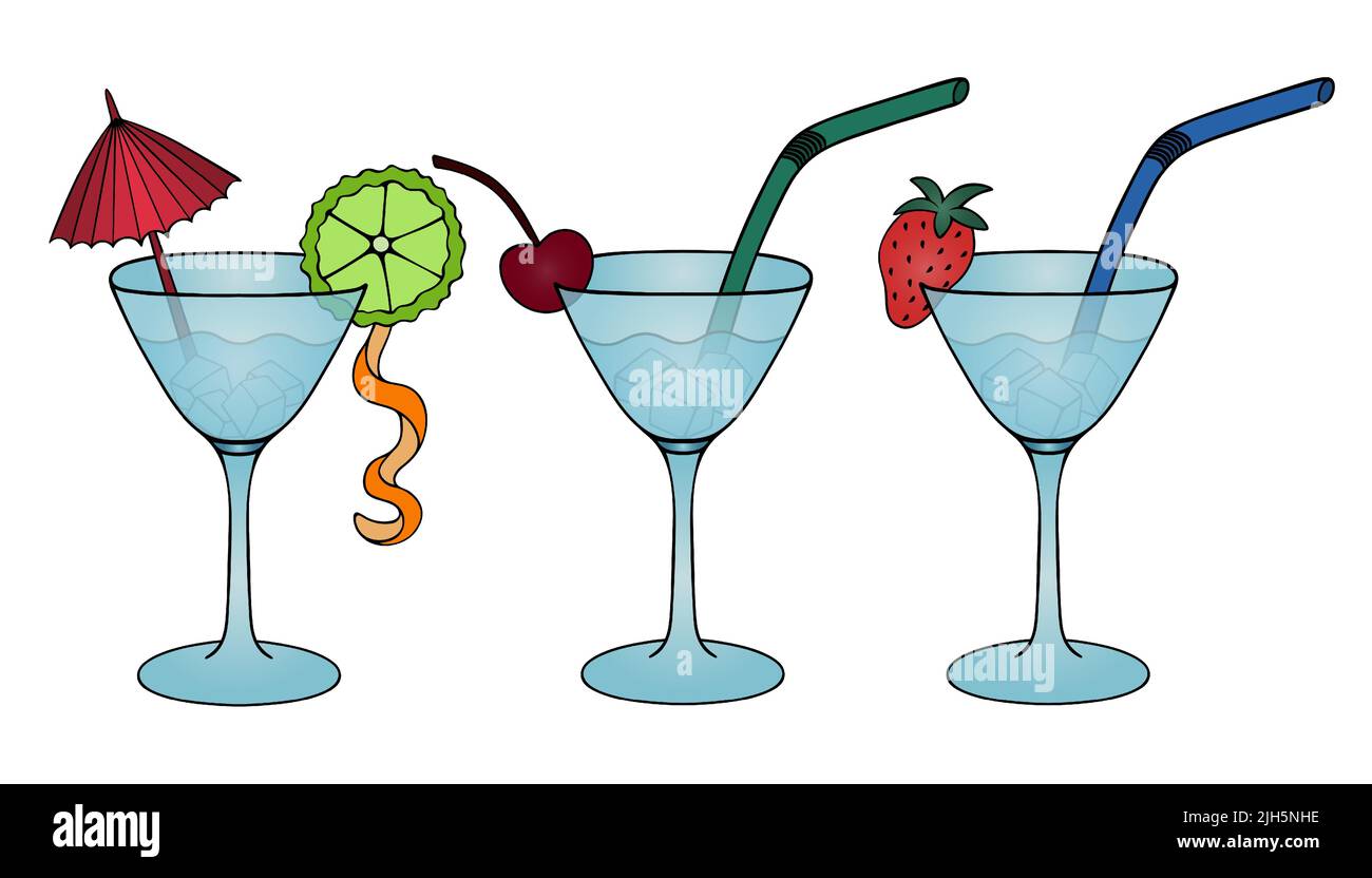 Martini con cubetti di ghiaccio e una cannuccia in un bicchiere di vino. Set di illustrazioni vettoriali. Bevande alcoliche decorate con fragole, ciliegie, spicchi di lime Illustrazione Vettoriale