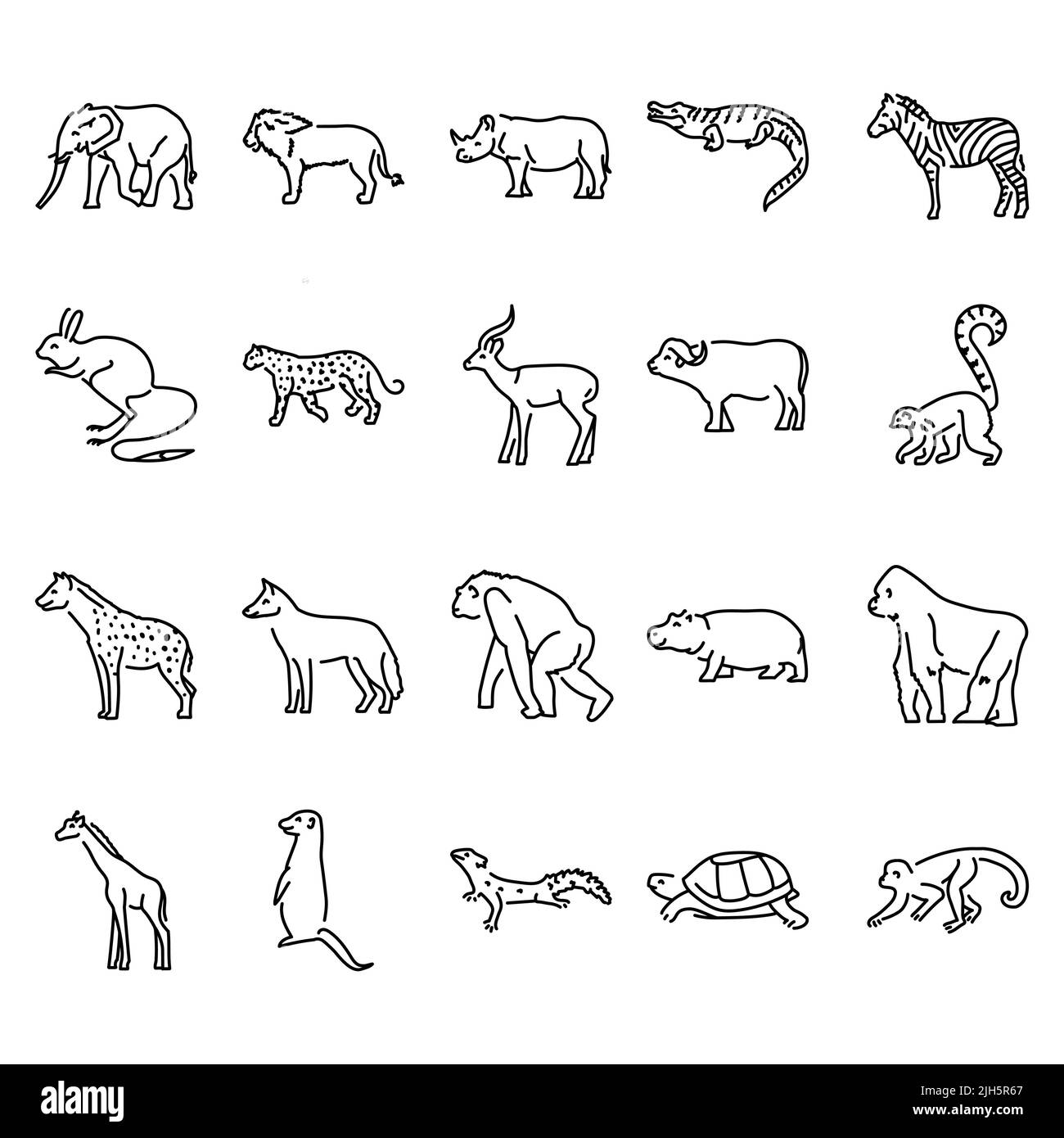 Icone delle linee di colore degli animali africani impostate. Pittogrammi per pagina Web, app mobile, promo. Elemento di progettazione GUI UI UX. Tratto modificabile. Illustrazione Vettoriale