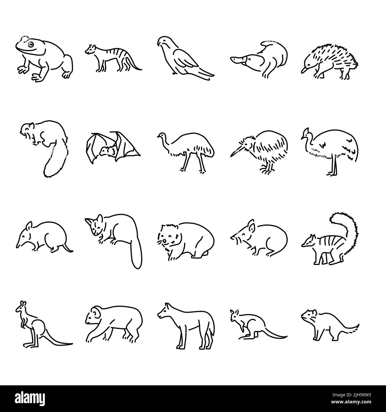 Set di icone delle linee di colore per gli animali australiani. Pittogrammi per pagina Web, app mobile, promo. Elemento di progettazione GUI UI UX. Tratto modificabile. Illustrazione Vettoriale