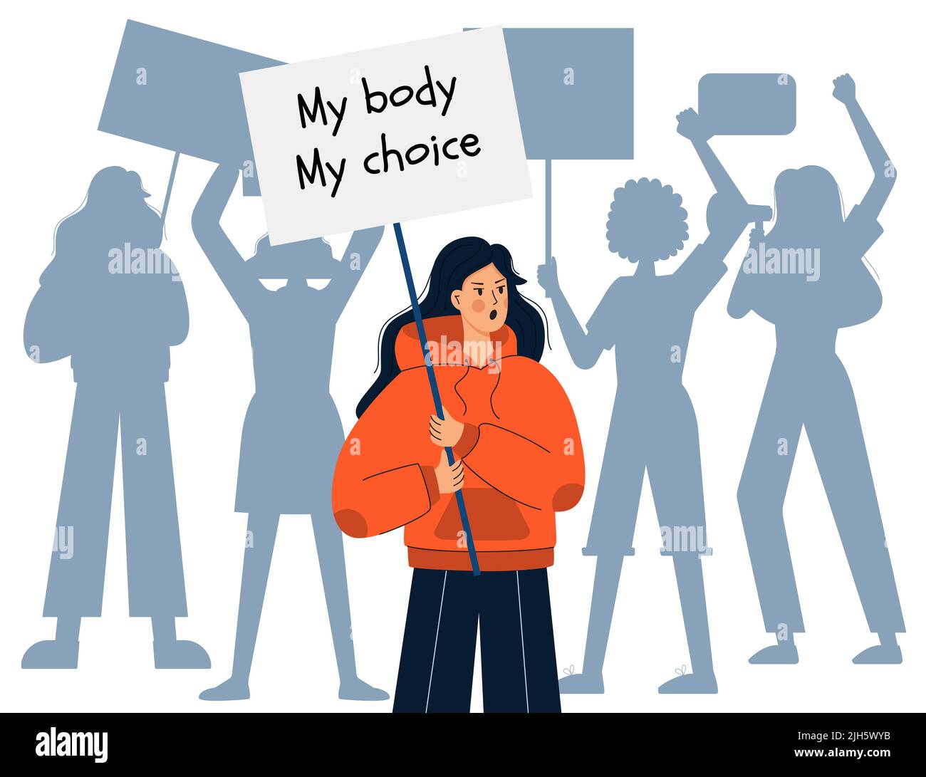 Una giovane ragazza in una felpa con cappuccio tiene un segno con le parole il mio corpo la mia scelta. Sagome dei manifestanti. Attivista per i diritti di aborto. Protesta contro l'interruzione Illustrazione Vettoriale
