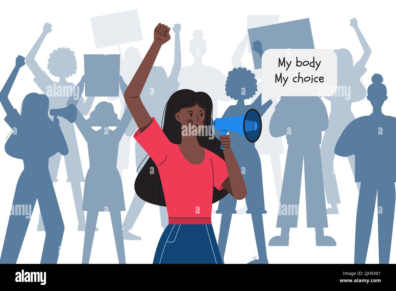 Una ragazza con pelle scura e pugno affllato tiene un megafono contro le silhouette delle donne che protestano. Il mio corpo la mia scelta. Protesta contro l'aborto ba Illustrazione Vettoriale