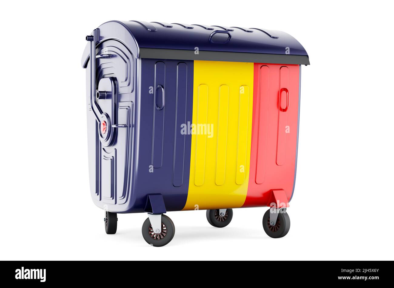 Contenitore rifiuti con bandiera rumena, 3D rendering isolato su sfondo bianco Foto Stock