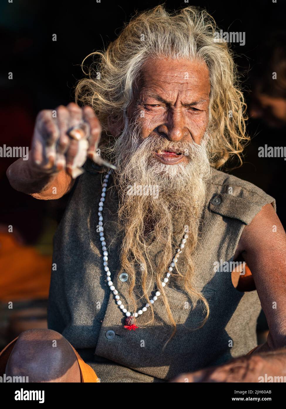 L'uomo santo indiano Amar Bharati Urdhavaahu, che ha tenuto il suo braccio sollevato per oltre 40 anni in onore del Dio indù Shiva, al Festival Kumbh Mela in India. Foto Stock