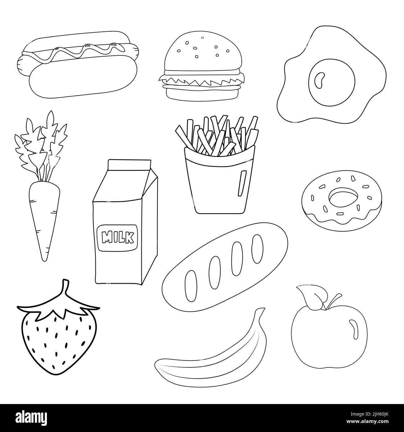 Disegno di cibo in vettore con menu veloce, pane e frutta con verdure. Pranzo con hamburger e potatoe francese Illustrazione Vettoriale
