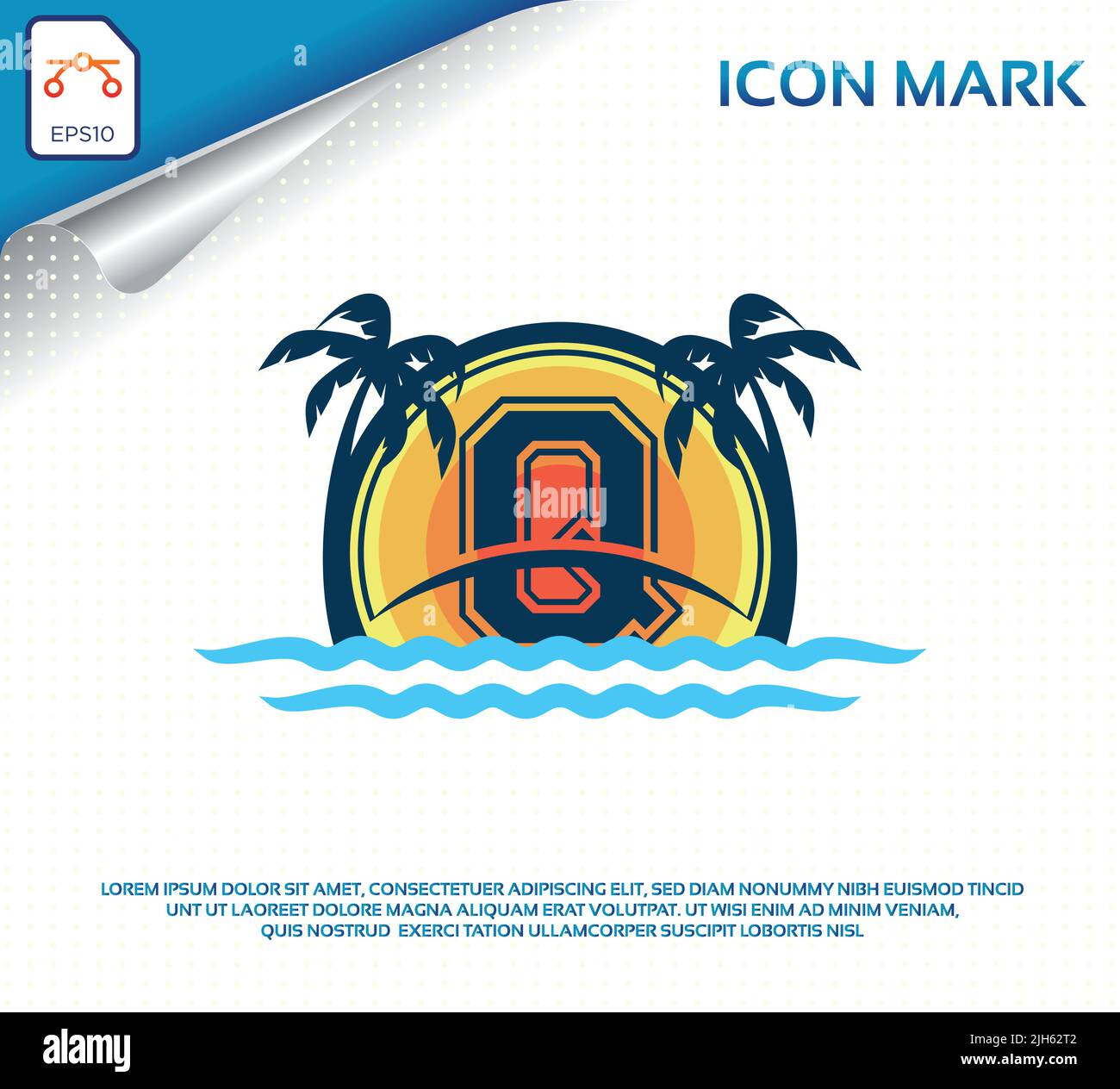 Logo della spiaggia con lettera q vettore premium Illustrazione Vettoriale