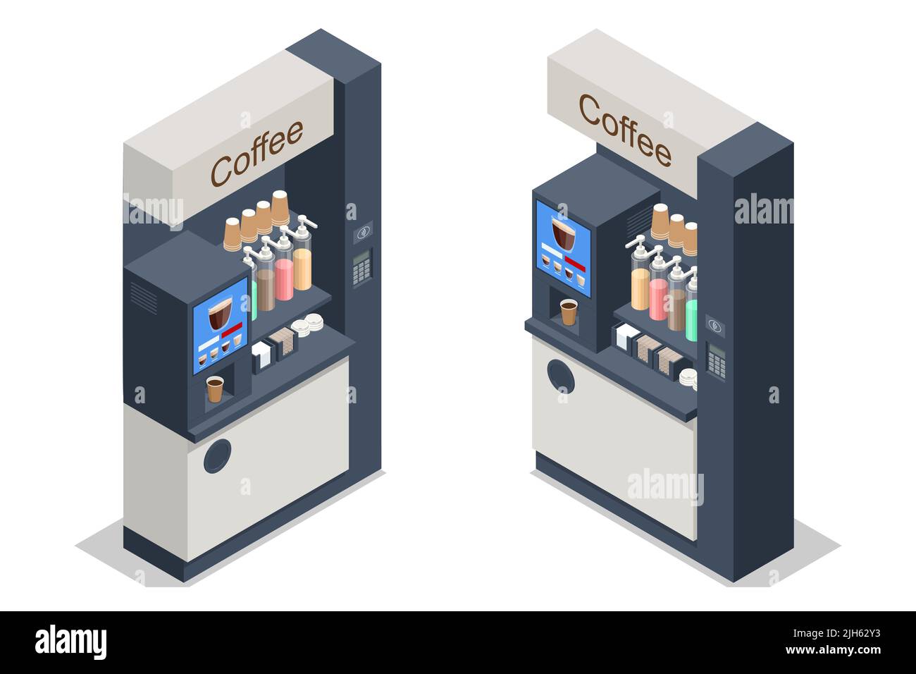 Le macchine da caffè isometriche self-service offrono caffè di qualità costante. Distributore automatico di caffè al supermercato. Macchina per il caffè self-service Illustrazione Vettoriale