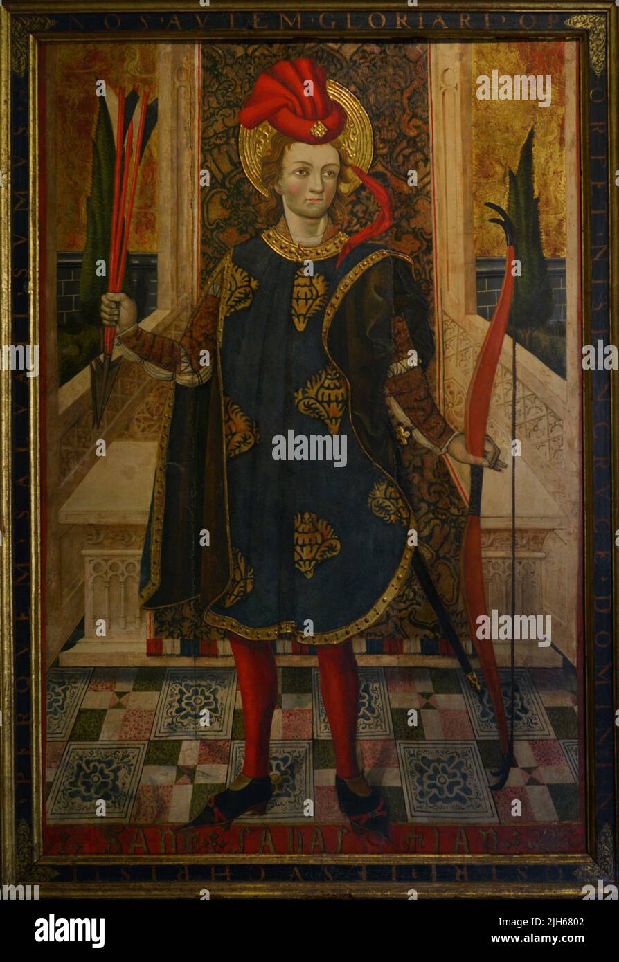 San Sebastiano. Scuola Catalana. Rappresentazione medievale del santo da parte di un membro del cerchio di Jaume Huguet. Tempera e olio a bordo, seconda metà del 15th secolo. Museo El Greco. Toledo, Spagna. Foto Stock