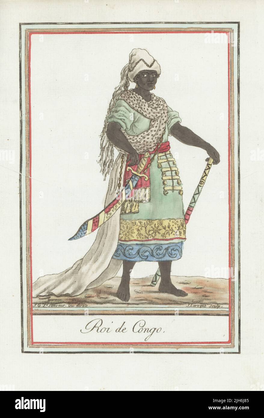 Costume di un re del Congo, in turbano, accappatoio con trenino lungo, cintura di cenere, scimitar e bastone. Forse un ritratto di re Alfonso i (c. 1456–1543). Il regno comprendeva Congo, Loango, Benguela e Angola. ROI del Congo. Incisione in copperplate a mano di J. Laroque dopo un disegno di Jacques Grasset de Saint-Sauveur dalla sua Enciclopedie des Voyages, Enciclopedia di Voyages, Bordeaux, Francia, 1792. Foto Stock