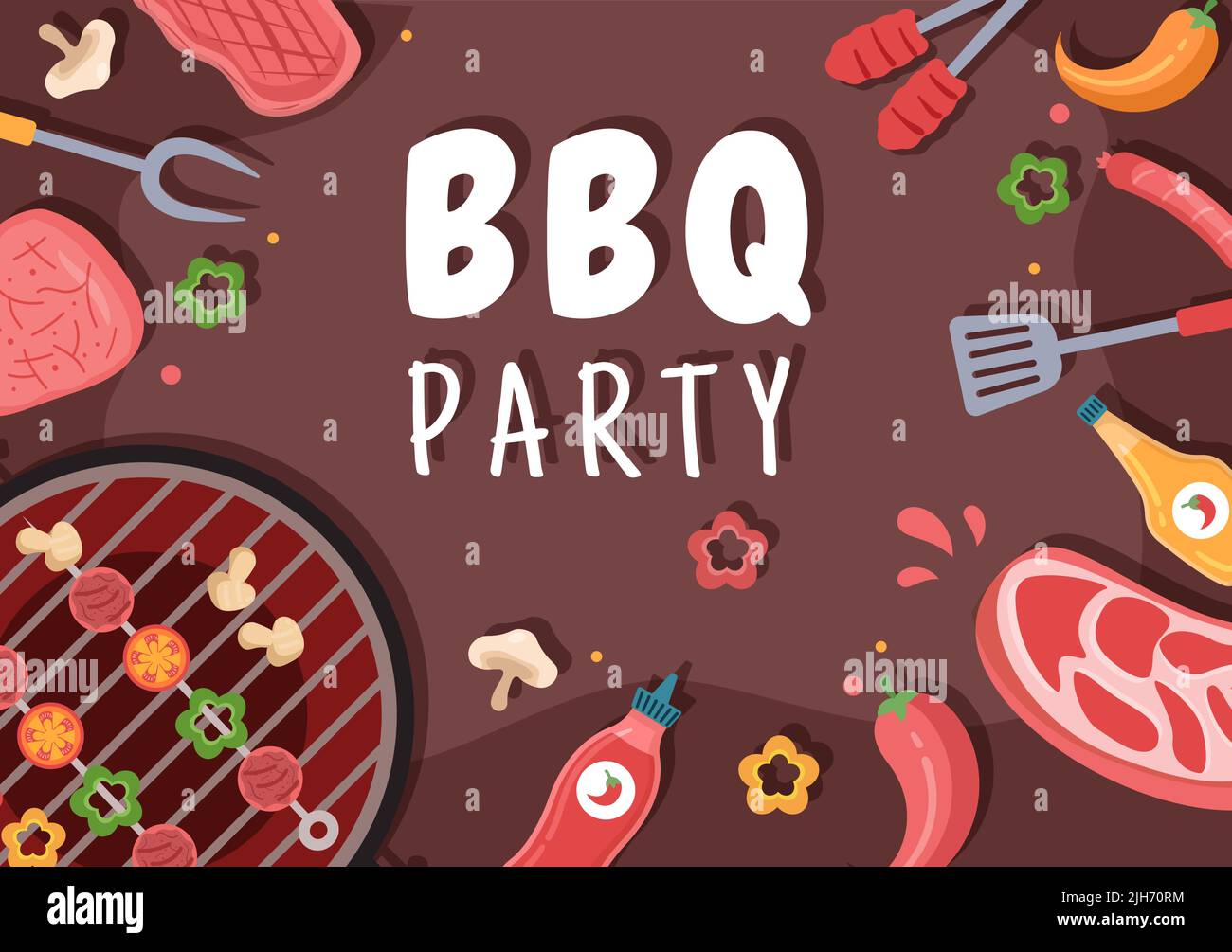 Barbecue o barbecue con bistecche alla griglia, tostapane, piatti, salsiccia, pollo e verdure in cartoon a sfondo piatto Illustrazione Illustrazione Vettoriale