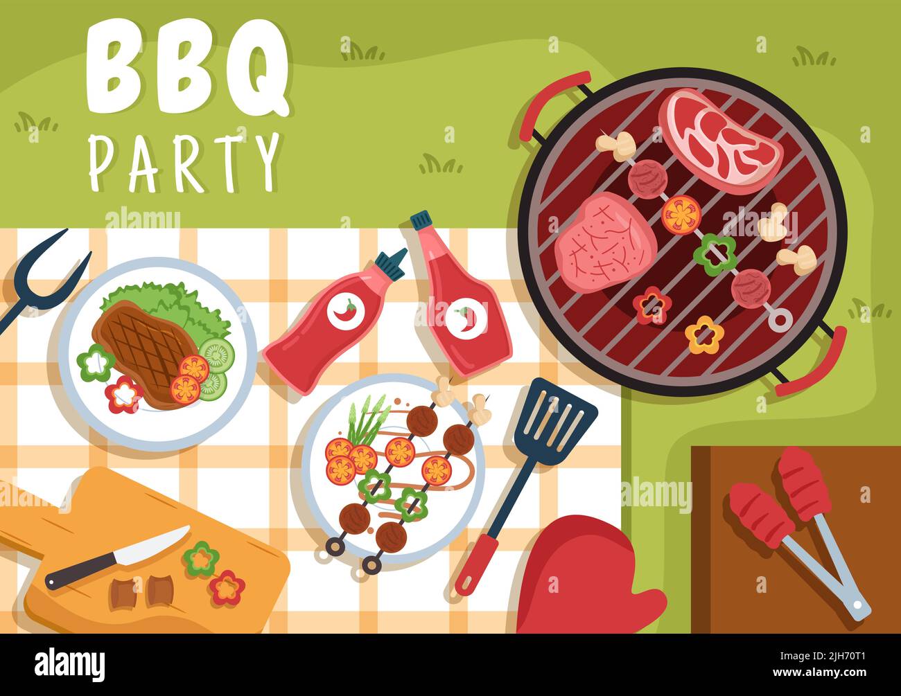 Barbecue o barbecue con bistecche alla griglia, tostapane, piatti, salsiccia, pollo e verdure in cartoon a sfondo piatto Illustrazione Illustrazione Vettoriale