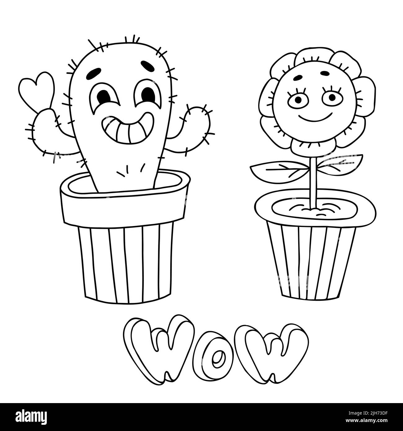 Divertente personaggio flowerpot. Groovy elemento funky fiore potere e cactus con cuore in vaso. Illustrazione vettoriale stile retrò. Barbatella a mano lineare. Fumetto Illustrazione Vettoriale