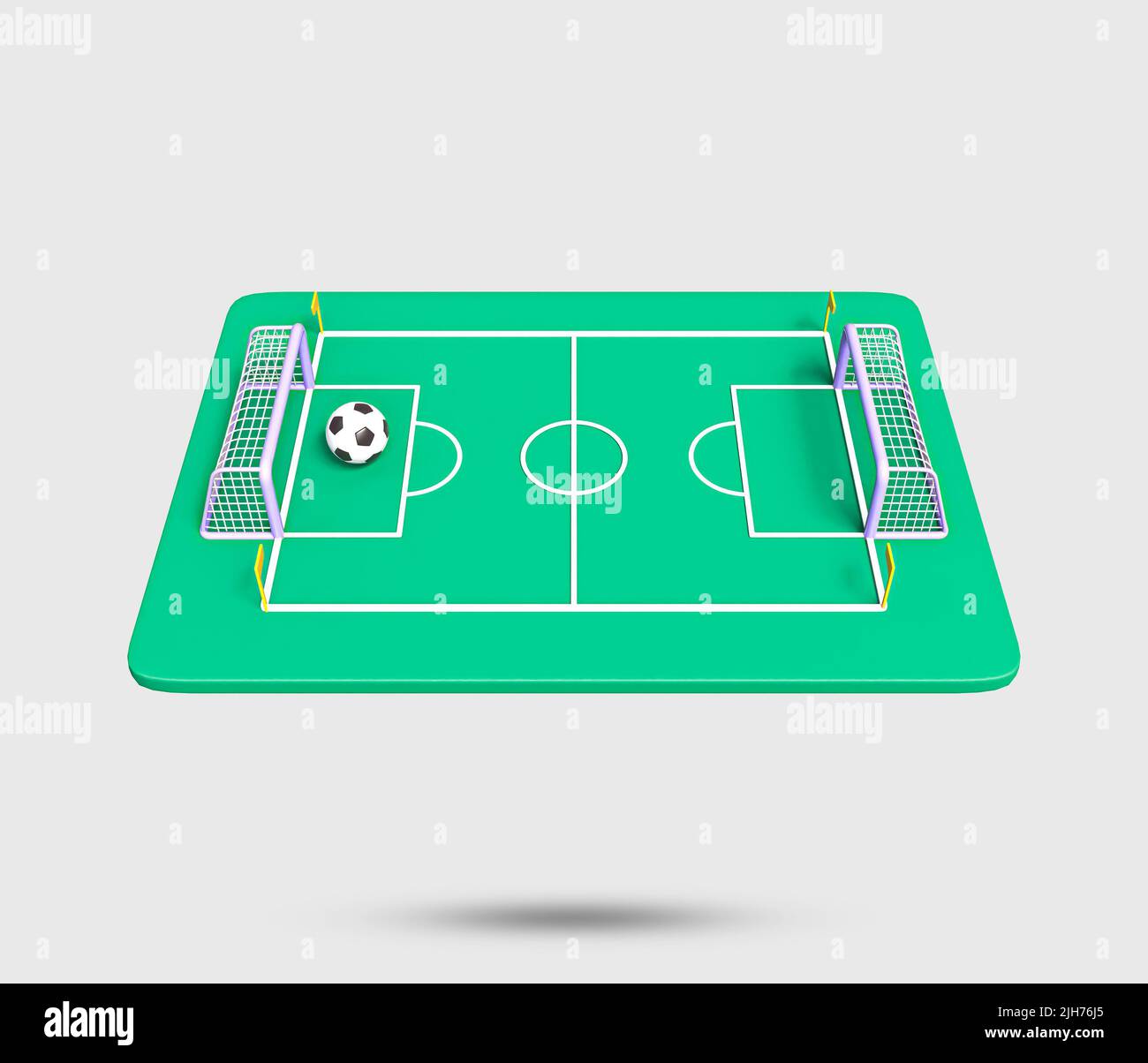 Icona del post 3D dell'obiettivo di calcio. Icona realistica della palla di calcio e della barra degli obiettivi. Concetto di calcio 2022. Campo da calcio verde con post gol. calcio gol, campo Foto Stock