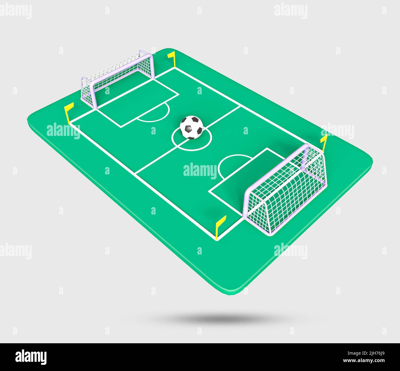 Icona del post 3D dell'obiettivo di calcio. Icona realistica della palla di calcio e della barra degli obiettivi. Concetto di calcio 2022. Campo da calcio verde con post gol. calcio gol, campo Foto Stock