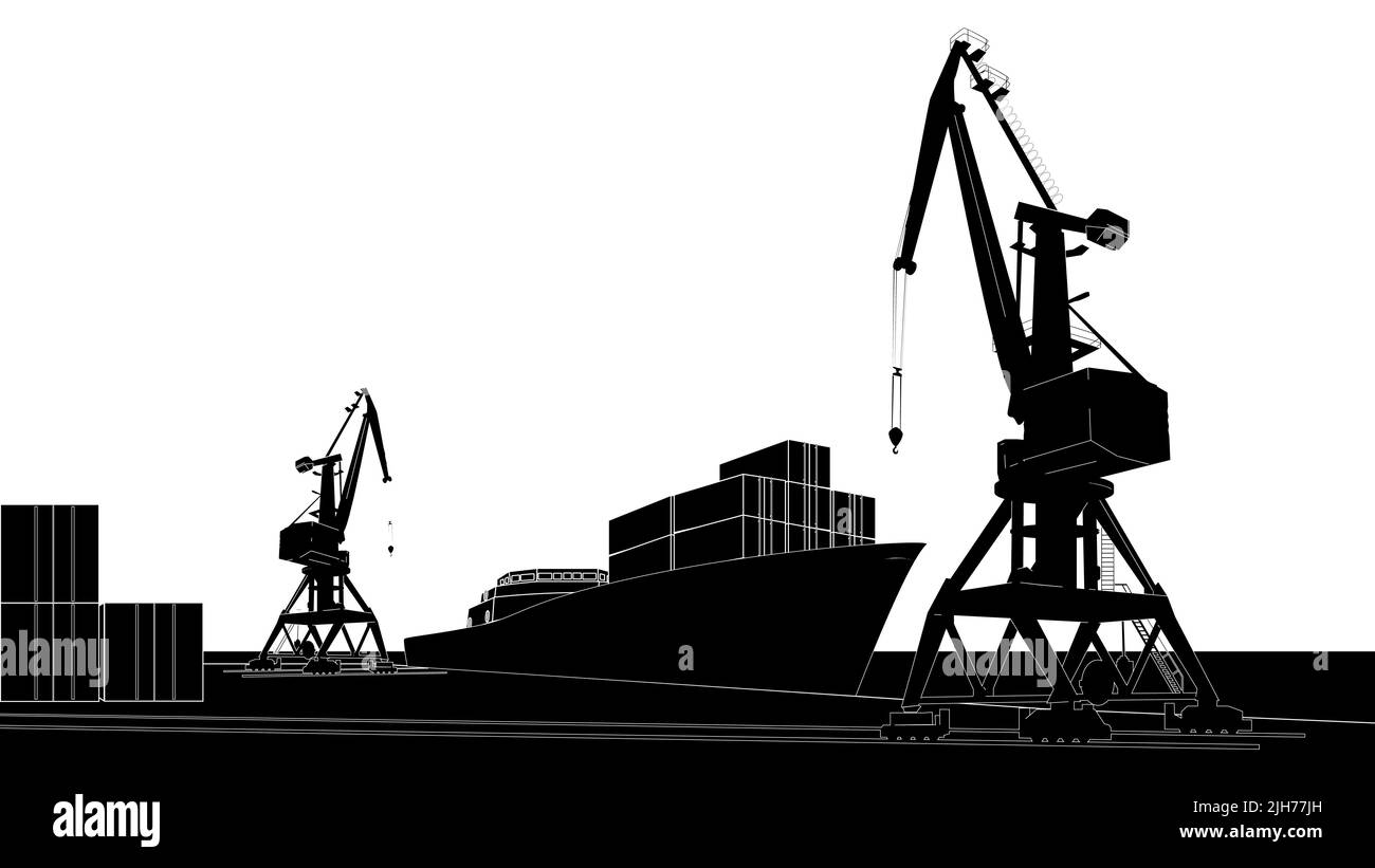 Silhouette porto commerciale con nave container al molo e cargo gru. Illustrazione vettoriale. Illustrazione Vettoriale