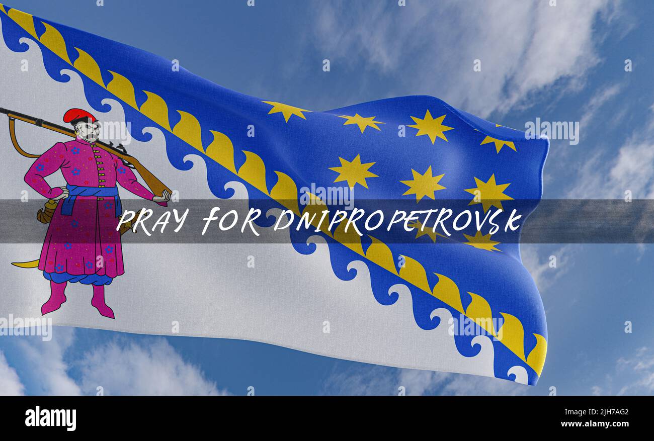Bandiera di Dnipropetrovsk, pregare per la regione di Dnipropetrovsk Ucraina, pregare per l'Ucraina, bandiera Ucraina regione e cielo blu sfondo, 3D opere e 3D illu Foto Stock