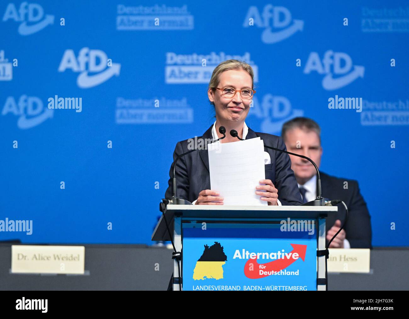 Stoccarda, Germania. 16th luglio 2022. Alice Weidel, presidente di stato del partito alternative for Germany (AFD), parla alla conferenza del partito di stato dell'AFD Baden-Württemberg. Credit: Bernd Weißbrod/dpa/Alamy Live News Foto Stock