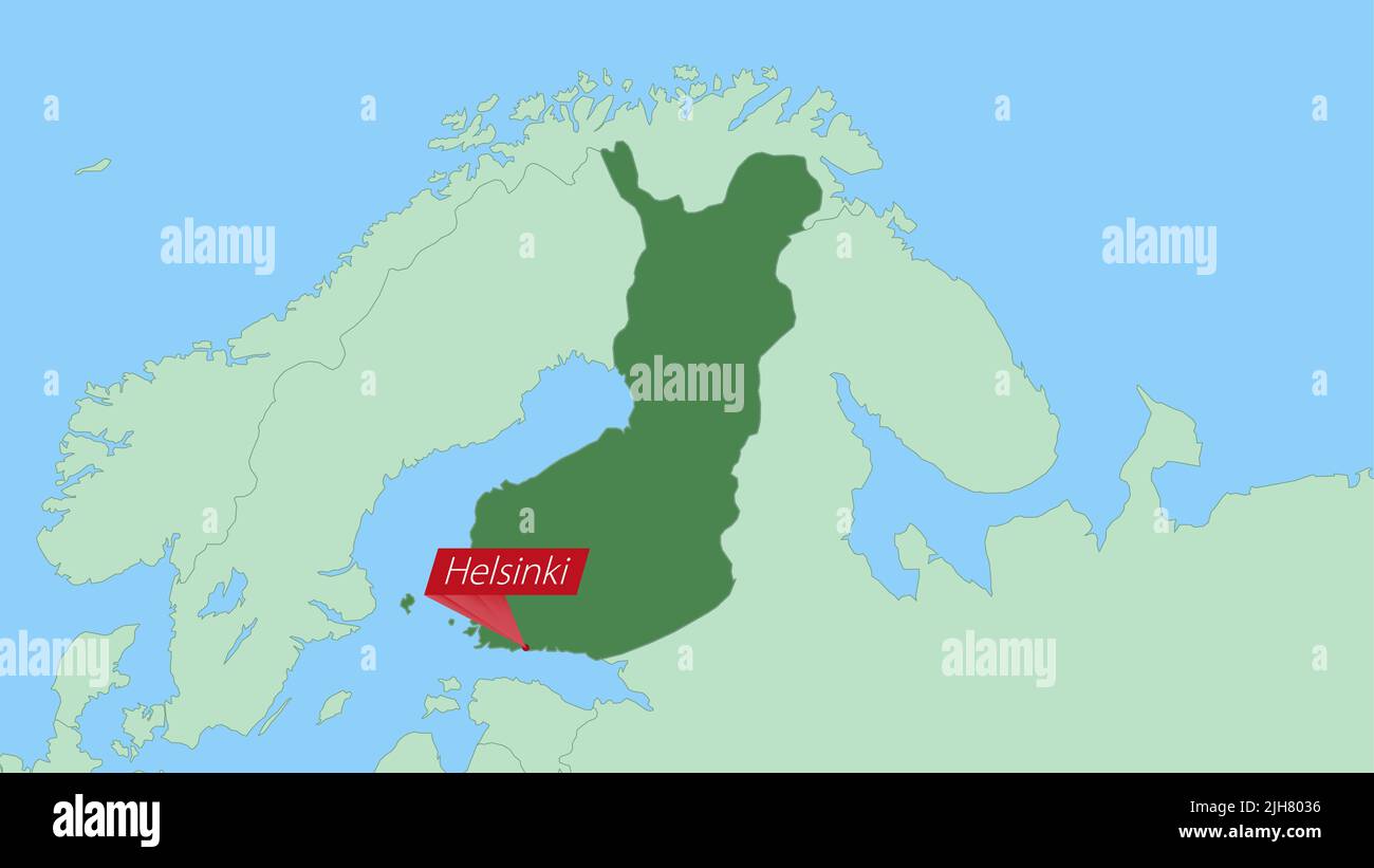 Mappa della Finlandia con pin della capitale del paese. Mappa Finlandia con paesi vicini di colore verde. Illustrazione Vettoriale