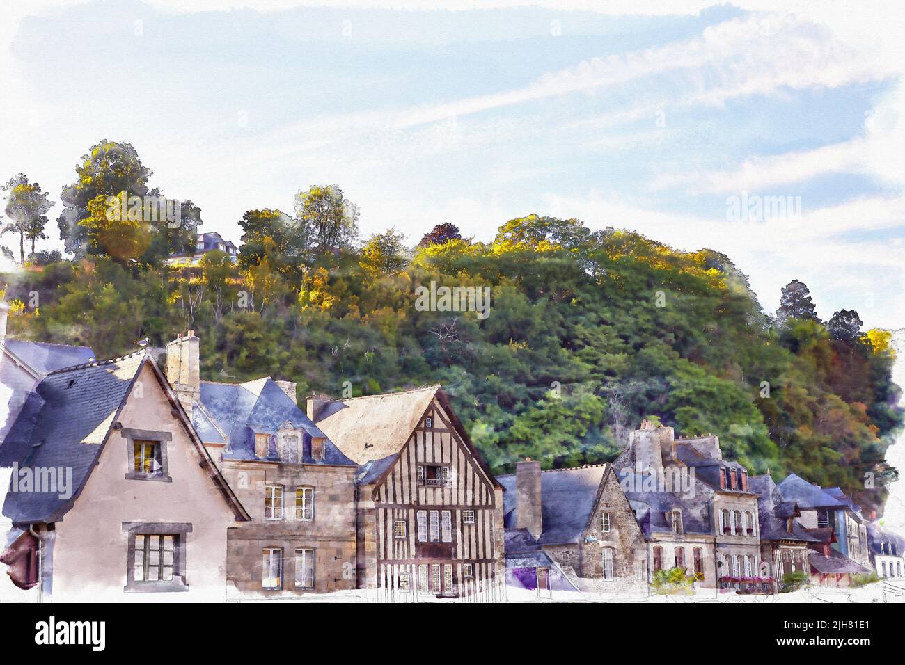 Immagine digitale dei tetti di Dinan, Francia in uno stile color acqua Foto Stock