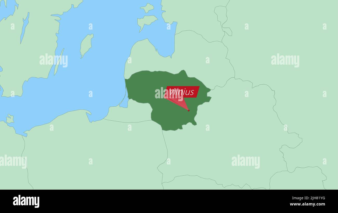 Mappa della Lituania con pin della capitale del paese. Mappa Lituania con paesi vicini di colore verde. Illustrazione Vettoriale