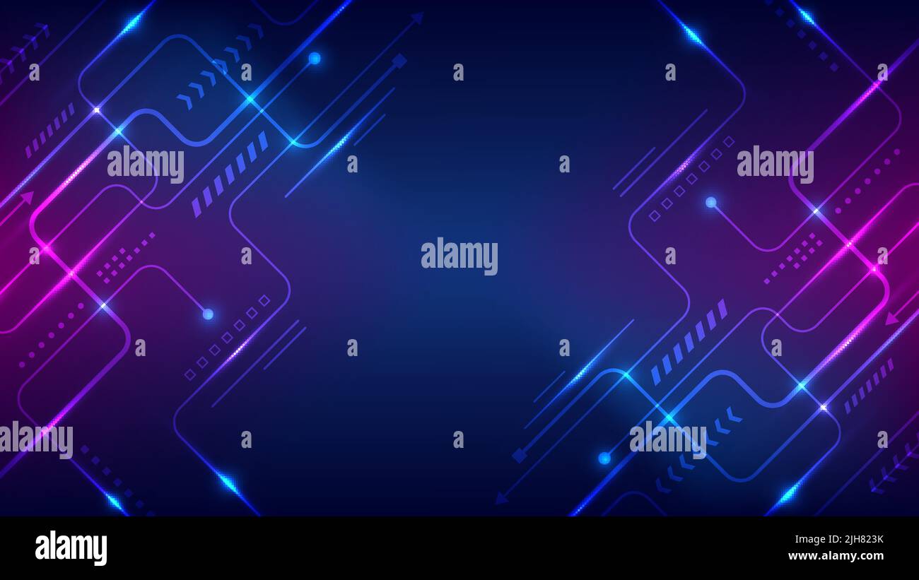 Tecnologia astratta connessione dati concetto circuito linee scheda con nodi ed elementi geometrici effetto di illuminazione su sfondo blu. Illustrazione vettoriale Illustrazione Vettoriale