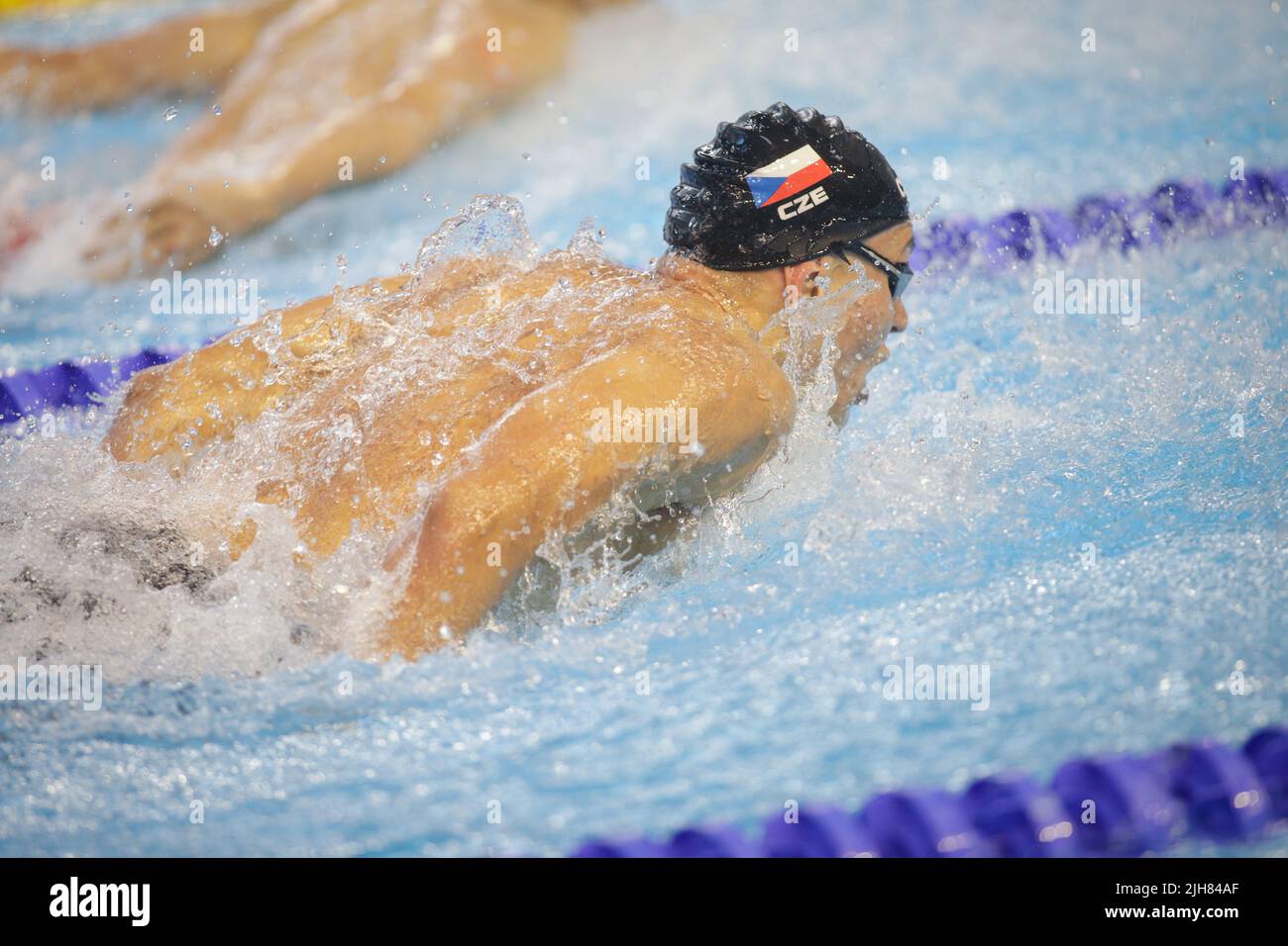 Otopeni, Romania - 8 luglio 2022: Dettagli con un atleta professionista ceco maschio nuoto in una piscina olimpionica farfalla stile. Foto Stock