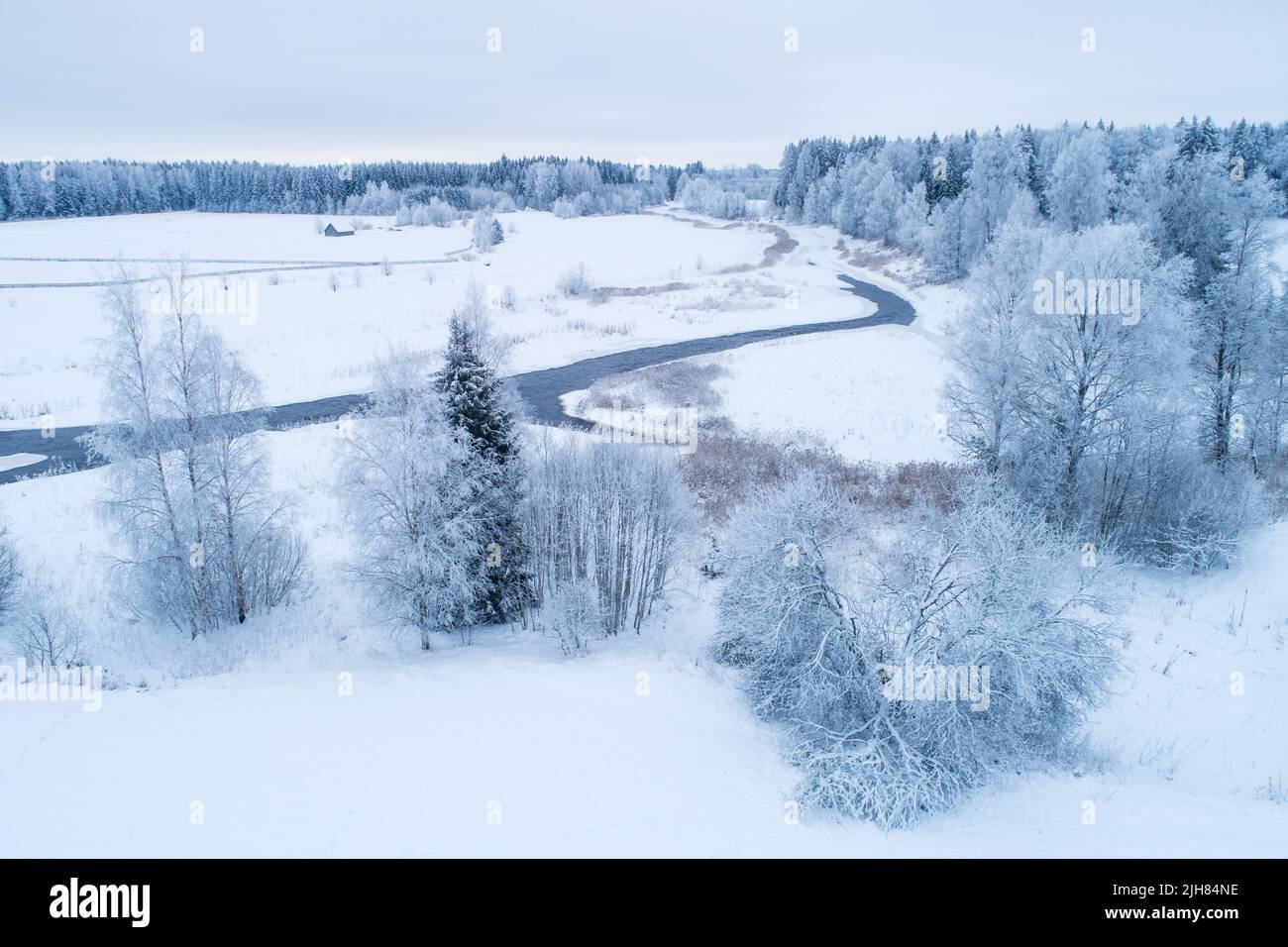 Aereo di un paesaggio rurale ghiacciato e innevato con un fiume aperto in inverno estone, Nord Europa. Foto Stock