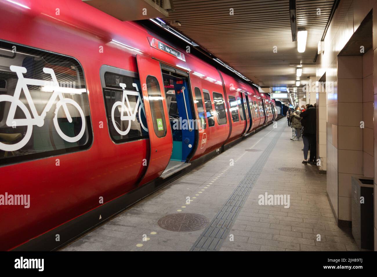 Il treno a S di Copenhagen consente di trasportare gratuitamente la bicicletta nel vano con l'insegna della bicicletta sulle finestre. Foto Stock