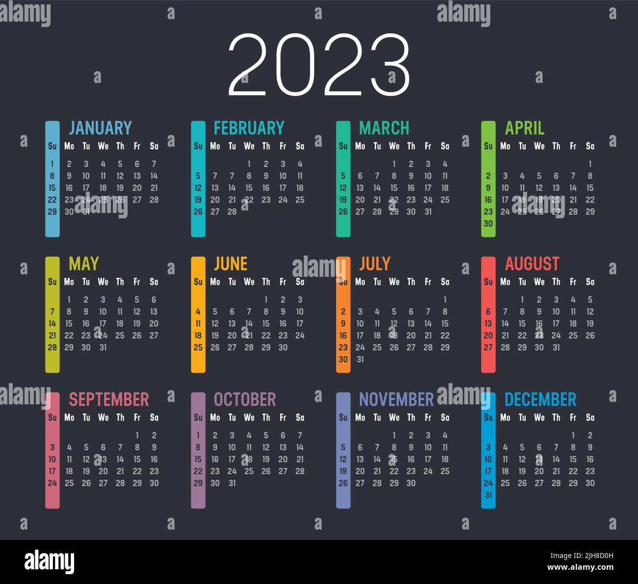 Calendario colorato dell'anno 2023, isolato su sfondo scuro. Modello vettoriale. Illustrazione Vettoriale