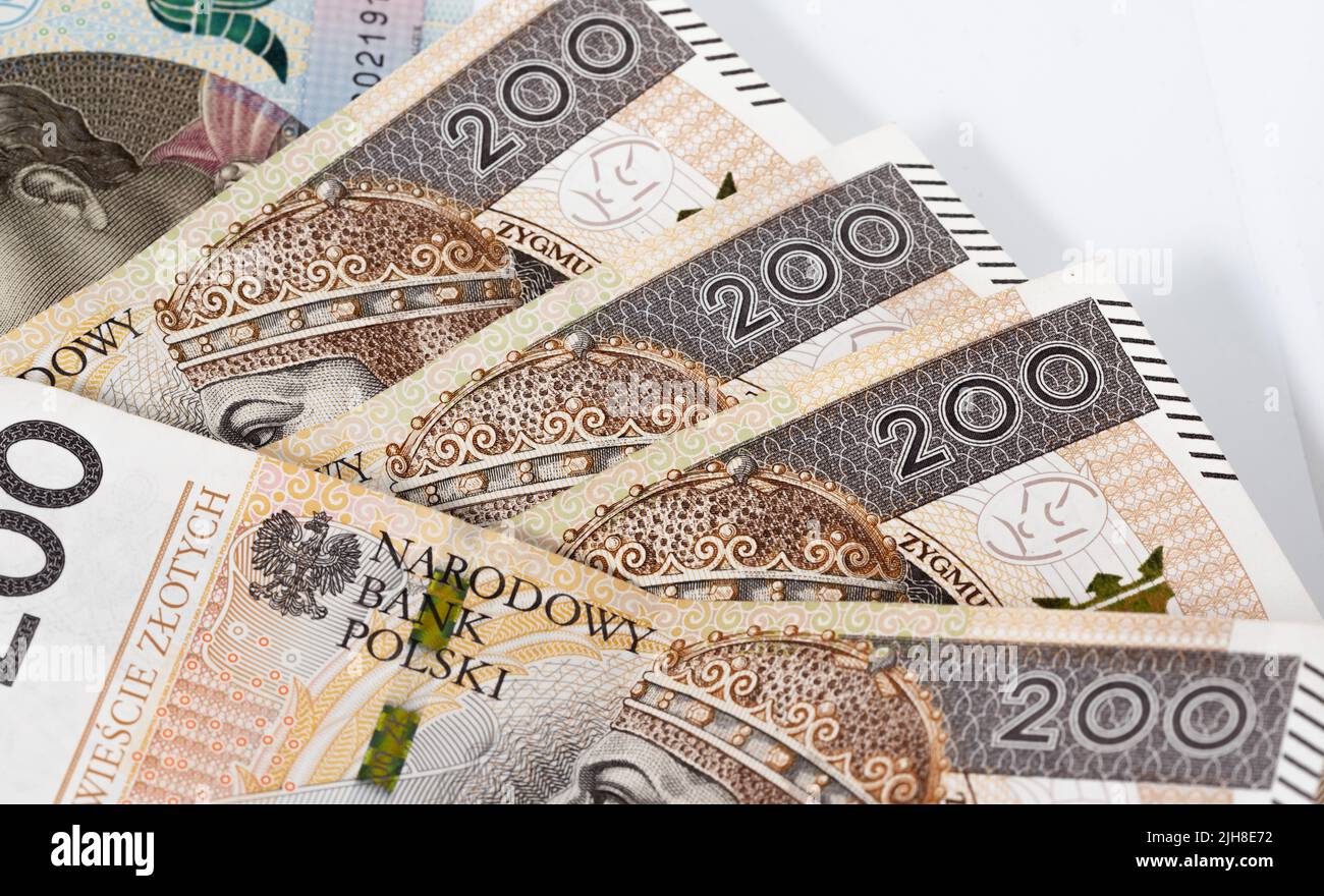 Banconote polacche di grosso taglio, 200 e 500 zlotys. Denaro in valuta polacca. Foto Stock