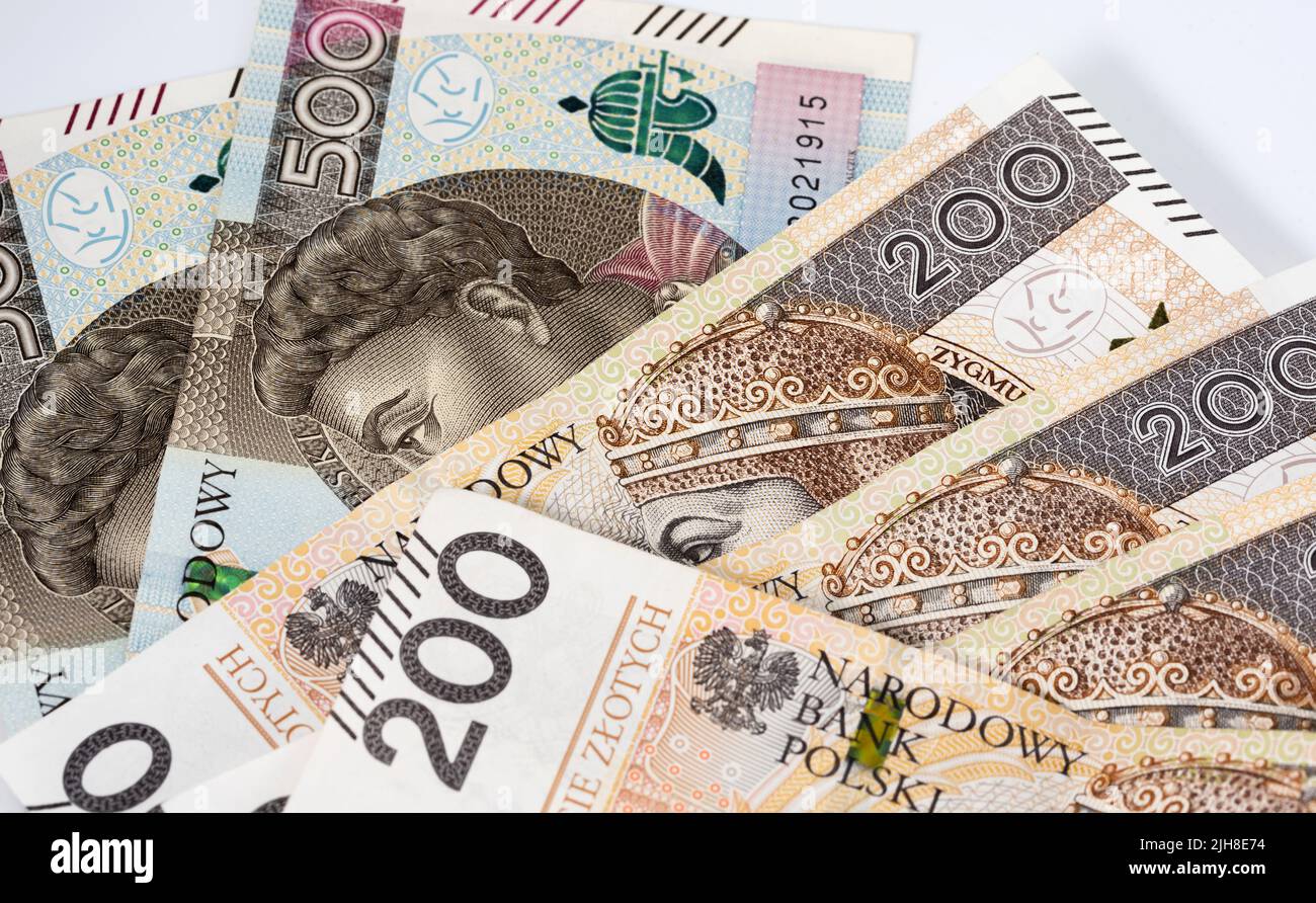 Banconote polacche di grosso taglio, 200 e 500 zlotys. Denaro in valuta polacca. Foto Stock