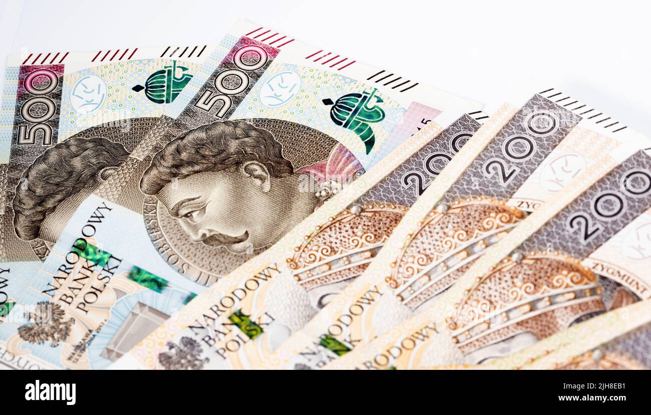 Banconote polacche di grosso taglio, 200 e 500 zlotys. Denaro in valuta polacca. Foto Stock