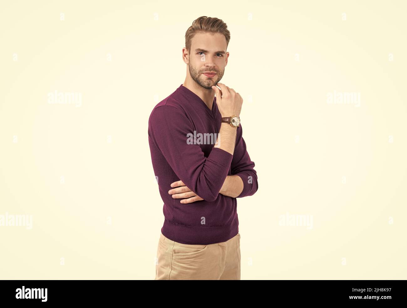 Ottieni il tuo volto più bello di sempre. Man touch rasa il mento. Cura della barba. Barbiere. Cura della pelle Foto Stock