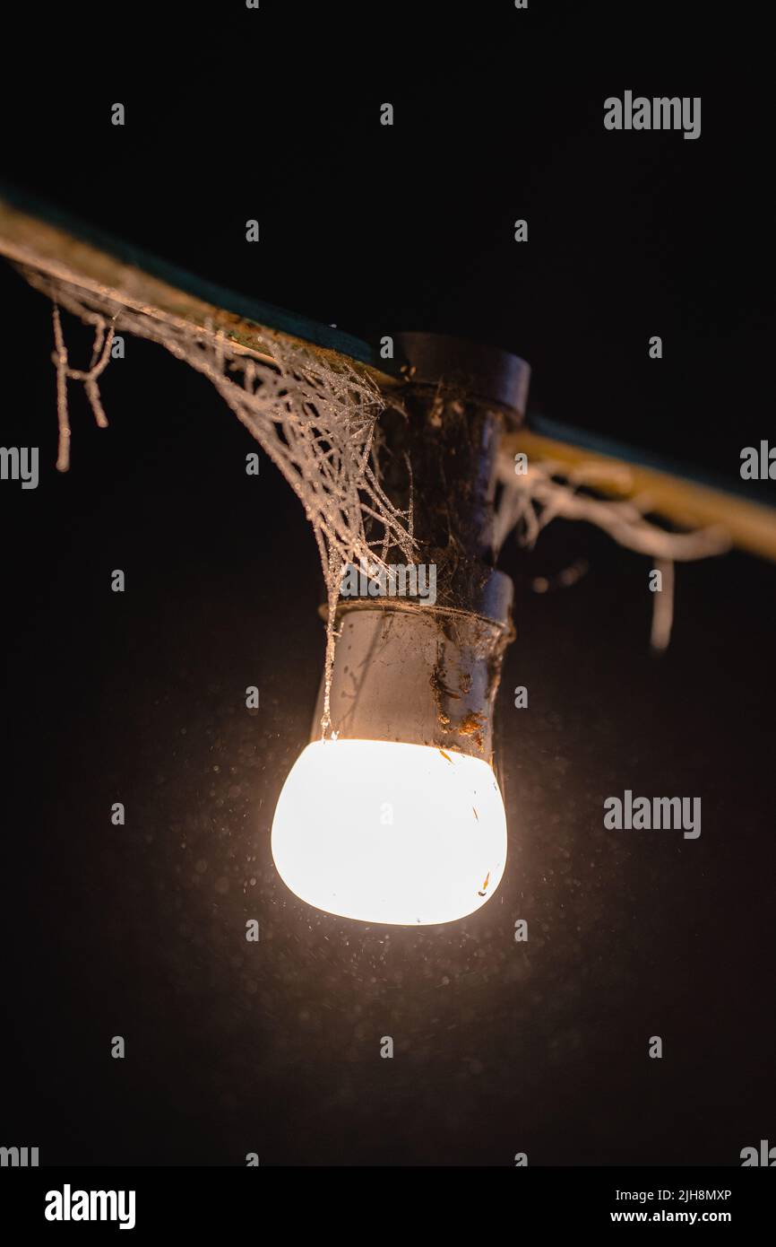 Un colpo verticale di una vecchia lampada sporca appesa su un palo di legno su uno sfondo scuro Foto Stock