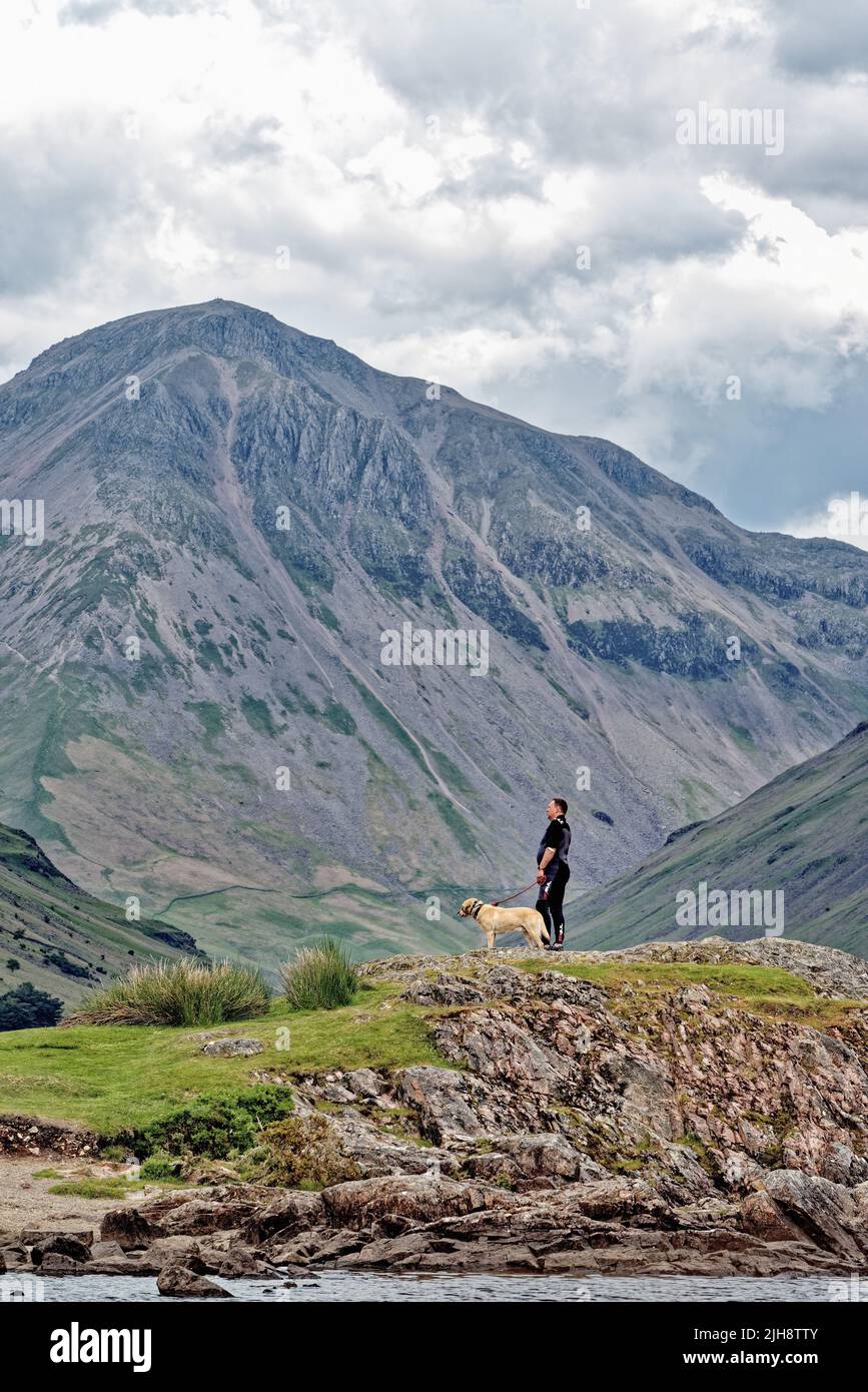 Un uomo di mezza età con il cane in piedi su un affioramento roccioso con la Grande montagna Gable sullo sfondo ammirando la vista in Wasdale Cumbria Inghilterra Regno Unito Foto Stock