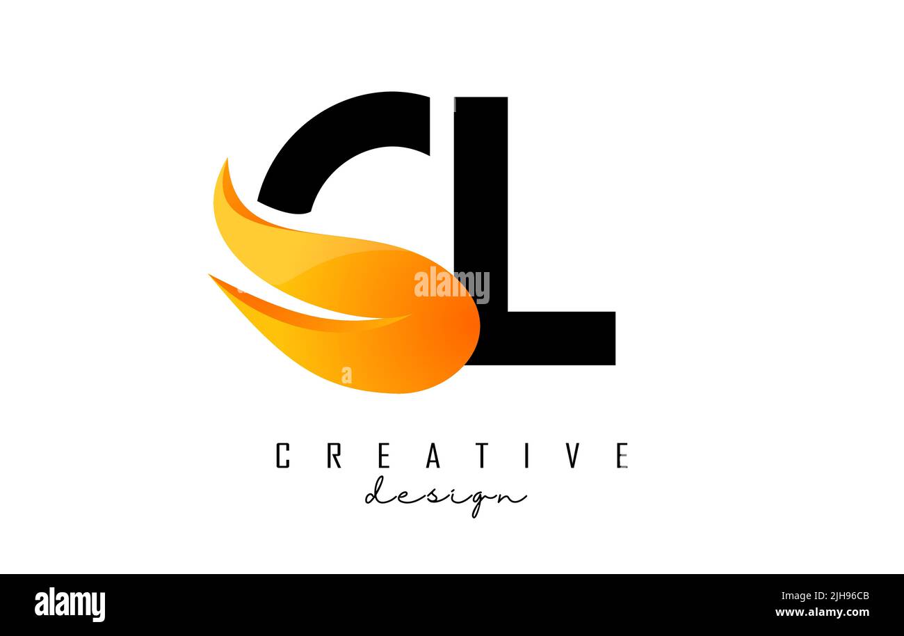 Illustrazione vettoriale delle lettere astratte CL c l con fuoco e disegno di owoosh arancione. Logo Letters con taglio e forma creativa. Illustrazione Vettoriale