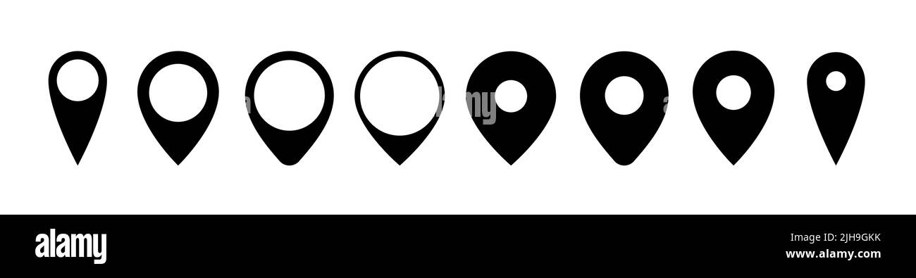 Serie di icone dei pin di posizione. Etichettare i simboli geo del pittogramma. Forma sottile e malata. Immagine vettoriale nera su sfondo bianco. Illustrazione Vettoriale