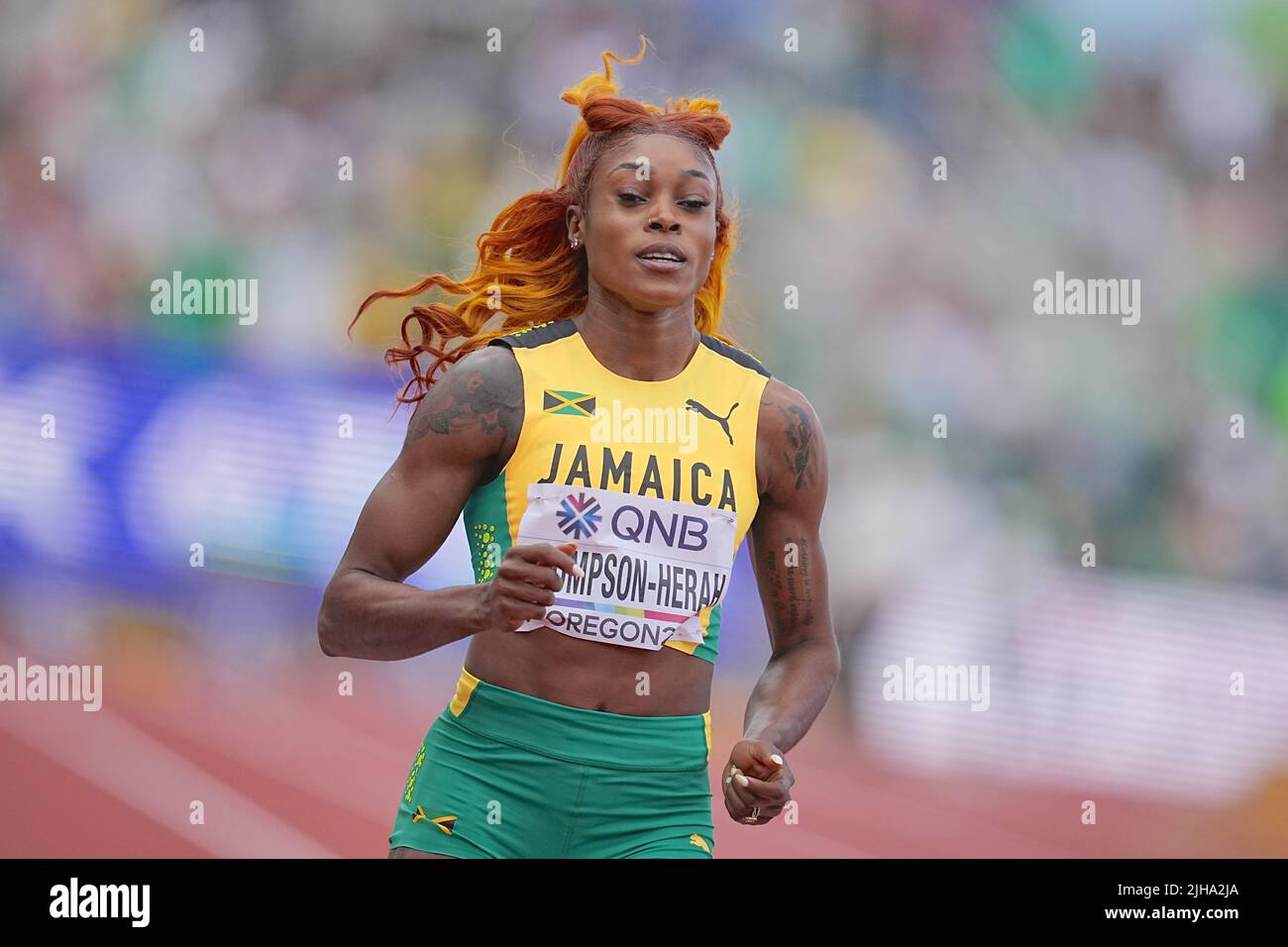 Eugene, Stati Uniti. 16th luglio 2022. Atletica: Campionato del mondo: Elaine Thompson-Herah della Giamaica in 100m sprint round 1 Heat. Credit: Michael Kappeler/dpa/Alamy Live News Foto Stock