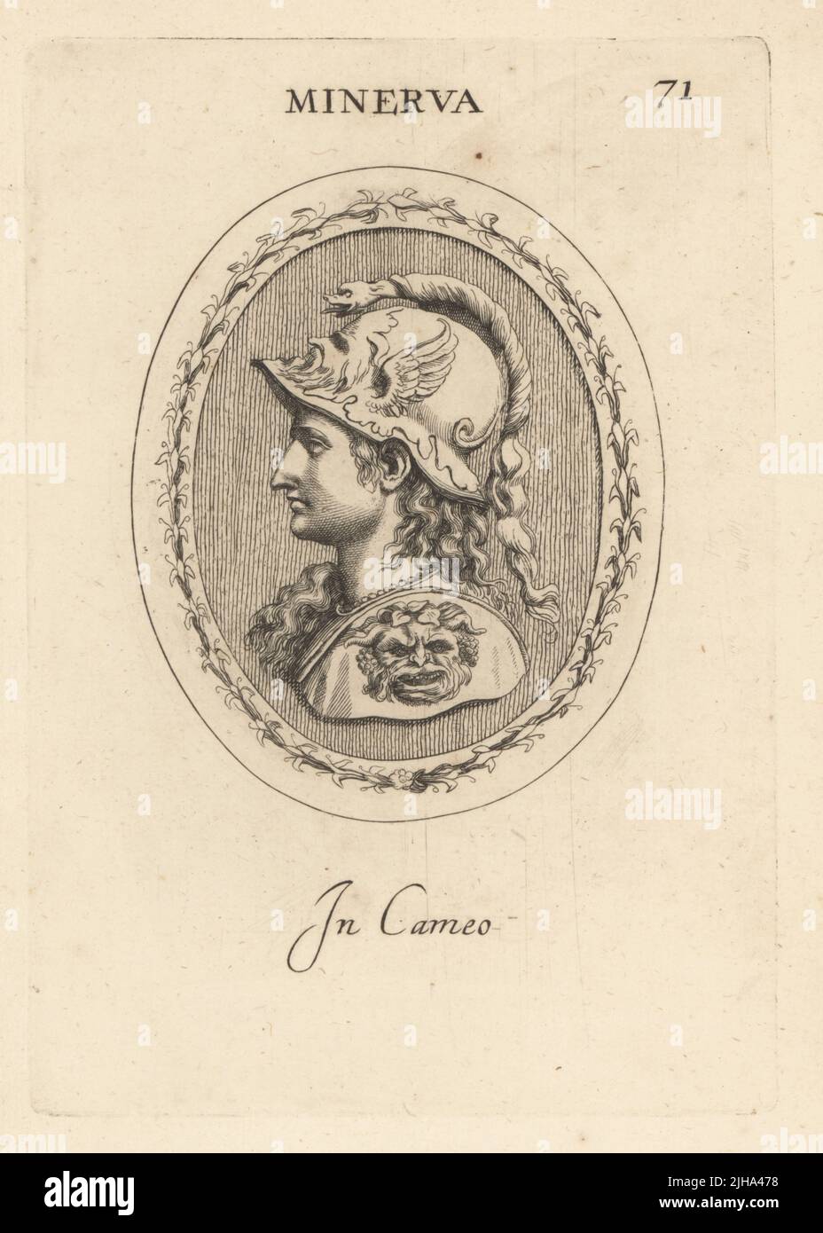 Busto in profilo di Minerva, dea romana di saggezza, giustizia, diritto, vittoria, e sponsor di arti, commercio, e strategia. Indossare un casco decorato con ali, viso umano e serpente, pettorale inciso. In cameo. Incisione copperplate di Giovanni Battista Galestruzzi dopo Leonardo Agostini di Gemmae et Sculpturae Antiquae Depitti ab Leonardo Augustino Senesi, Abraham Blooteling, Amsterdam, 1685. Foto Stock