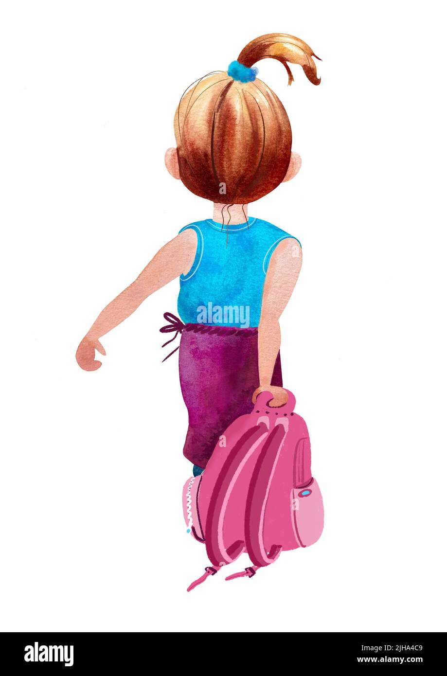 Ragazza con zaino scuola va a scuola isolato su sfondo bianco illustrazione acquerello Foto Stock