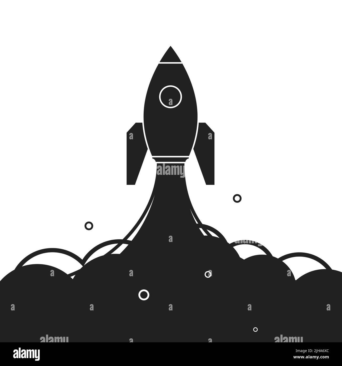 Lancio del razzo nello spazio con sfondo poster con silhouette fumé. Illustrazione piatta isolata su sfondo bianco. Foto Stock