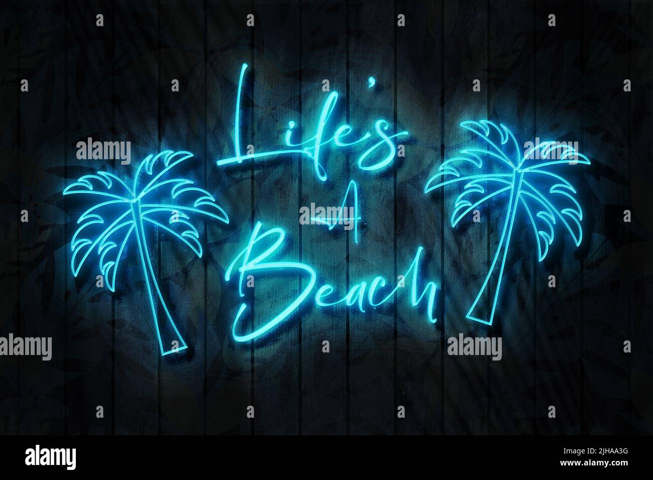 Fa lifes Un cartello al neon della spiaggia su un muro di legno scuro, illustrazione del 3D. Foto Stock