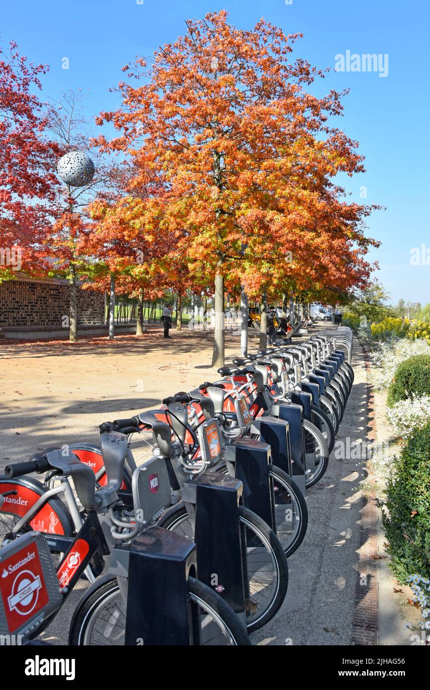 Noleggio biciclette Santander nel parco di Londra paesaggio di colori autunnali su foglie in viale di alberi lungo il percorso Queen Elizabeth Olympic Park Stratford UK Foto Stock