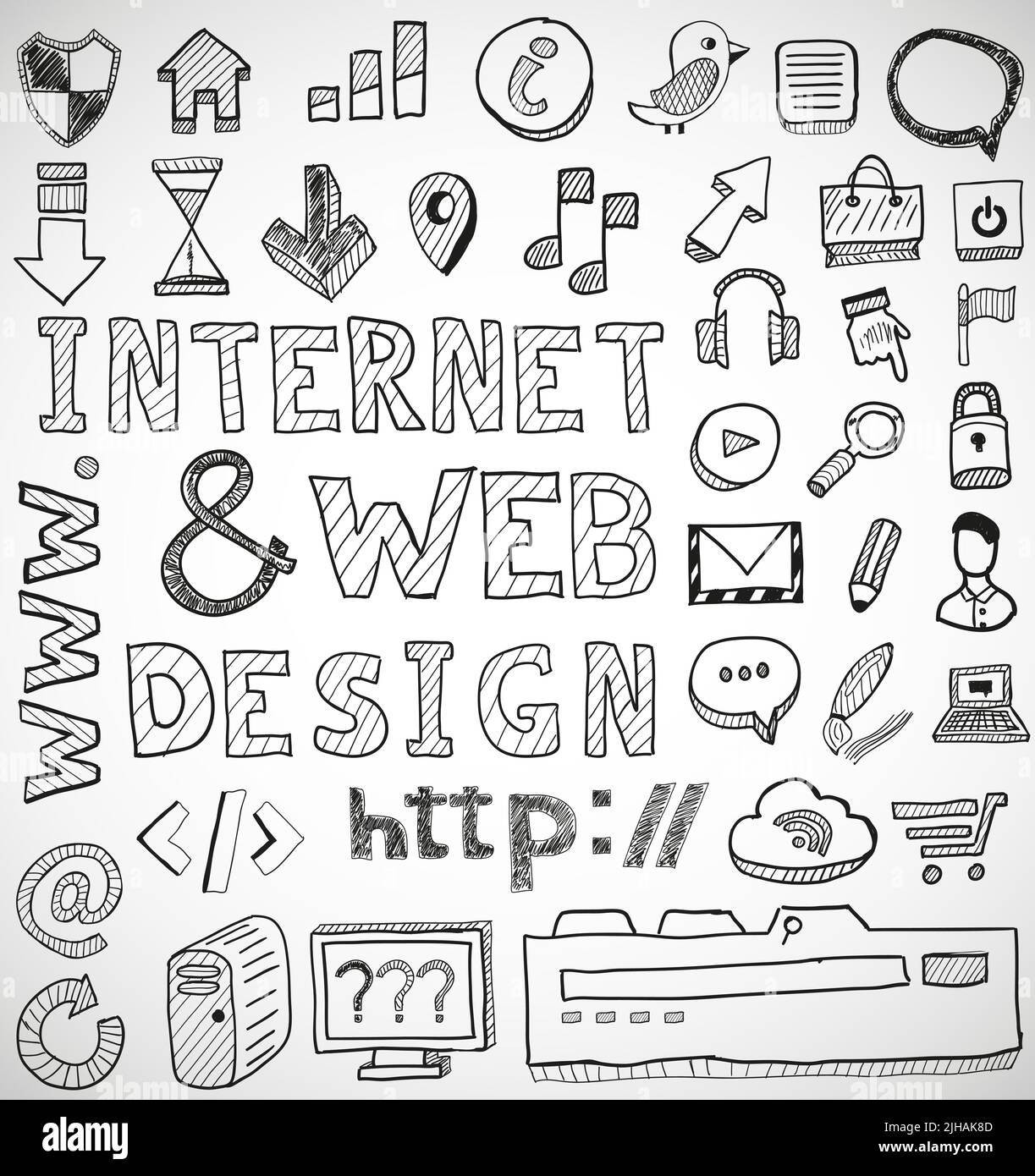 Internet e web design disegnati a mano vettore doodles Illustrazione Vettoriale