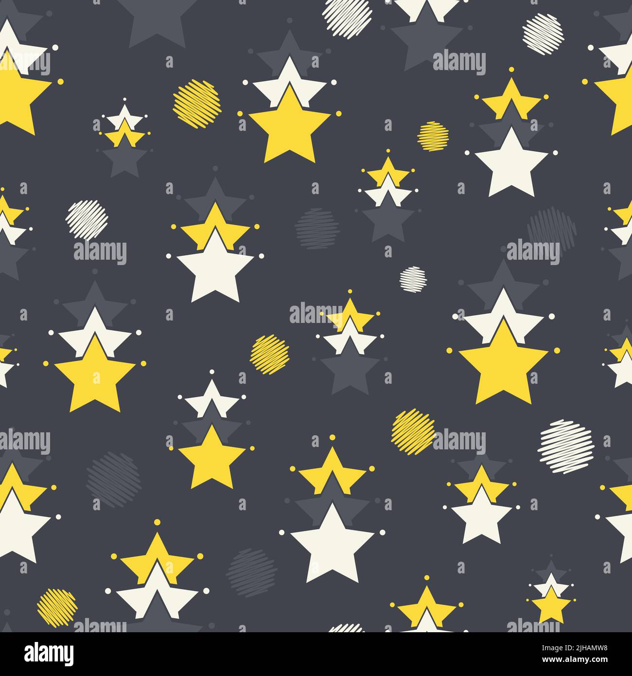 Vettore grigio scuro giallo stellato notte cielo bambini senza cuciture motivo sfondo. Ideale per tessuti, tessuti, confezioni, scrapbook e progetti di imballaggio Illustrazione Vettoriale