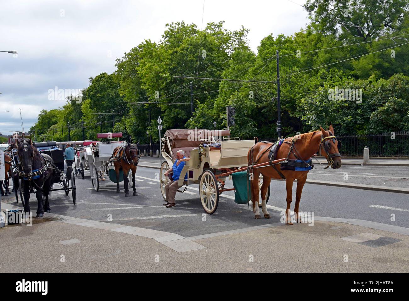 Carrozza trainata da cavalli in attesa di dare ai turisti giri di fronte al Fusiliers Arch, St Stephen's Green, Dublino, Irlanda, luglio 2022 Foto Stock
