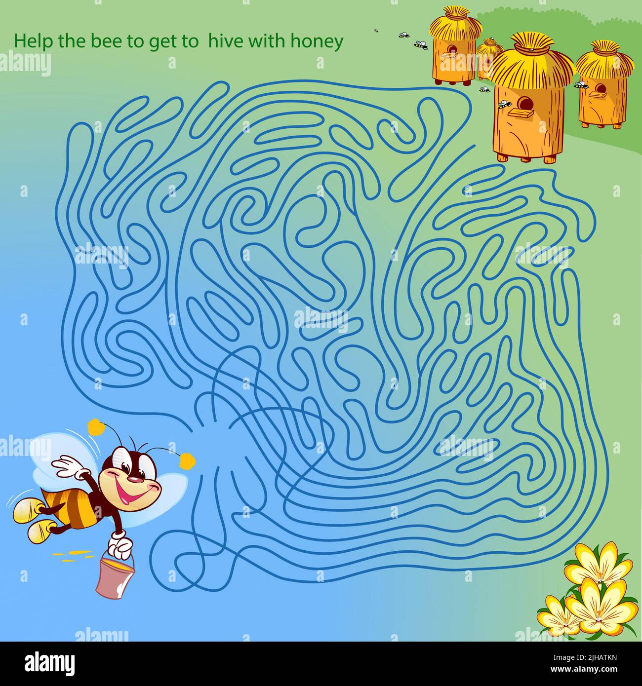 Labirinto di puzzle, dove è necessario aiutare l'ape con miele per arrivare al suo alveare nell'apiario. Illustrazione Vettoriale