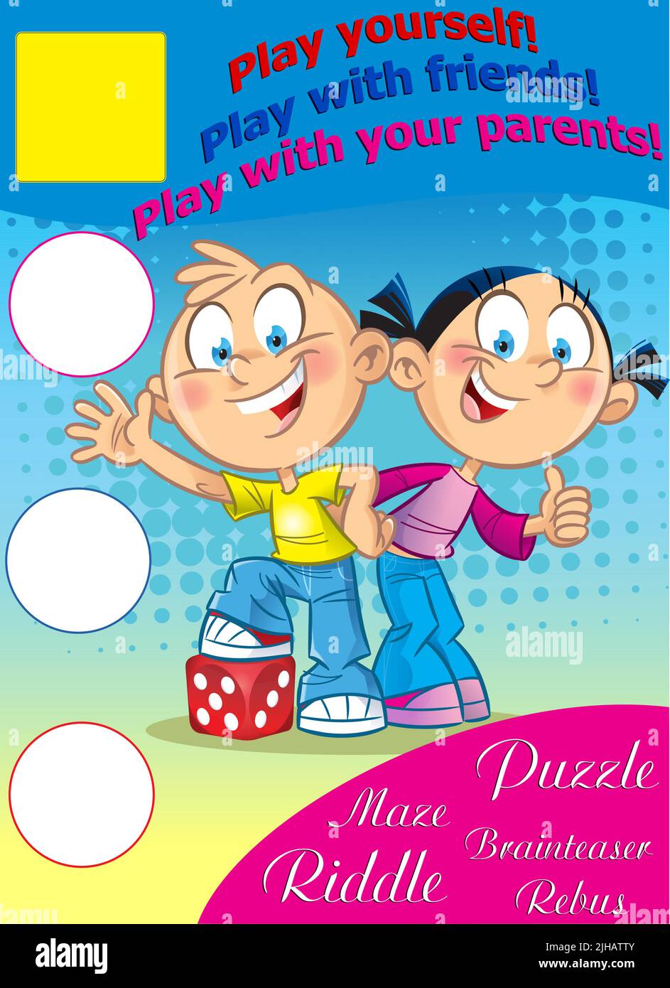 L'illustrazione vettoriale mostra il disegno di copertina di una rivista per bambini con enigmi, puzzle, labirinti e giochi. Illustrazione Vettoriale