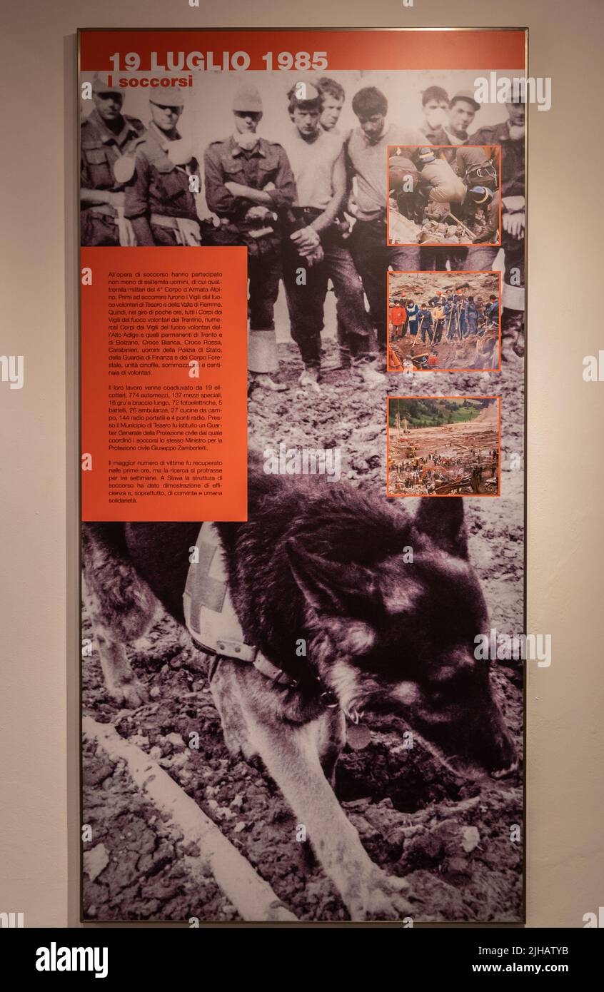 Centro informazioni e percorso memoria in memoria del disastro della Valle di Stava 19 luglio 1985. Tesero, provincia di Trento - Trentino Alto Adige - Italia Foto Stock