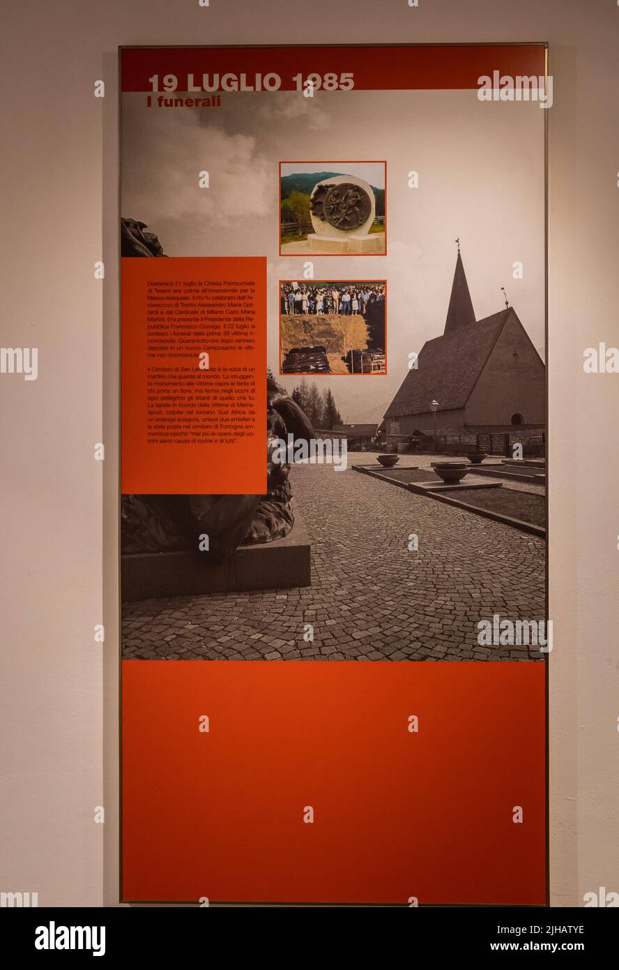 Centro informazioni e percorso memoria in memoria del disastro della Valle di Stava 19 luglio 1985. Tesero, provincia di Trento - Trentino Alto Adige - Italia Foto Stock