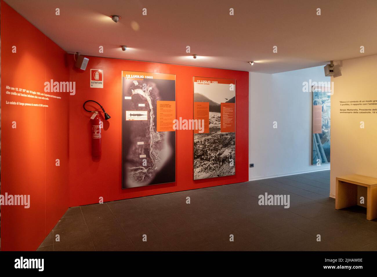 Centro informazioni e percorso memoria in memoria del disastro della Valle di Stava 19 luglio 1985. Tesero, provincia di Trento - Trentino Alto Adige - Italia Foto Stock